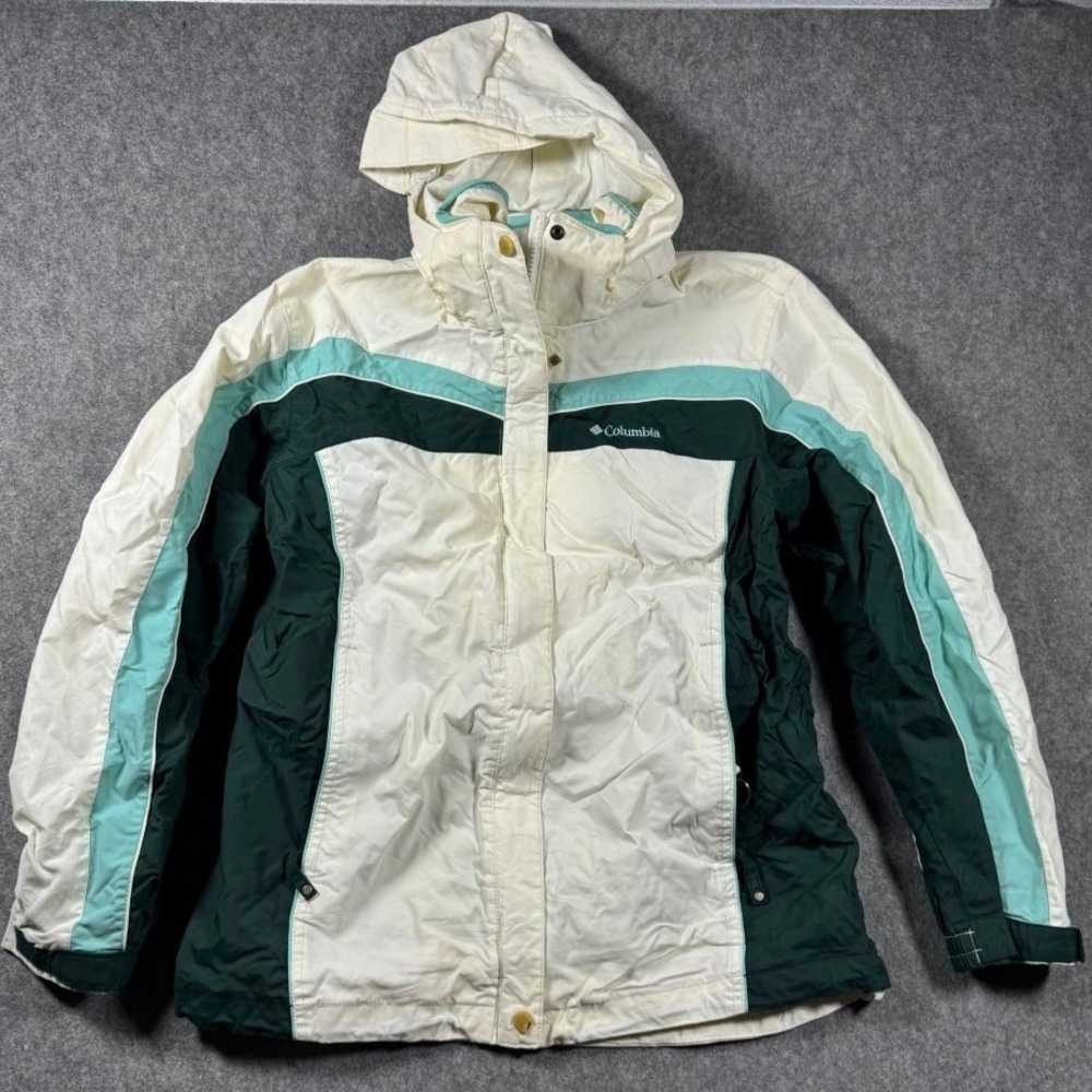 Columbia Womens Interchange Ski Jacket Small Cream Green Teal Hooded Colorblock